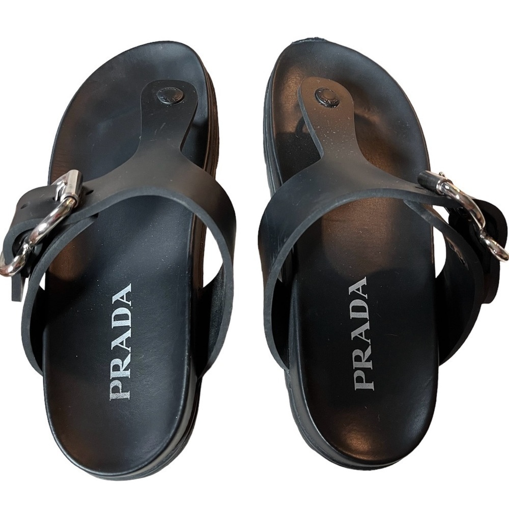 PRADA Lug Sole Rubber Buckle Thong Sandals in Black